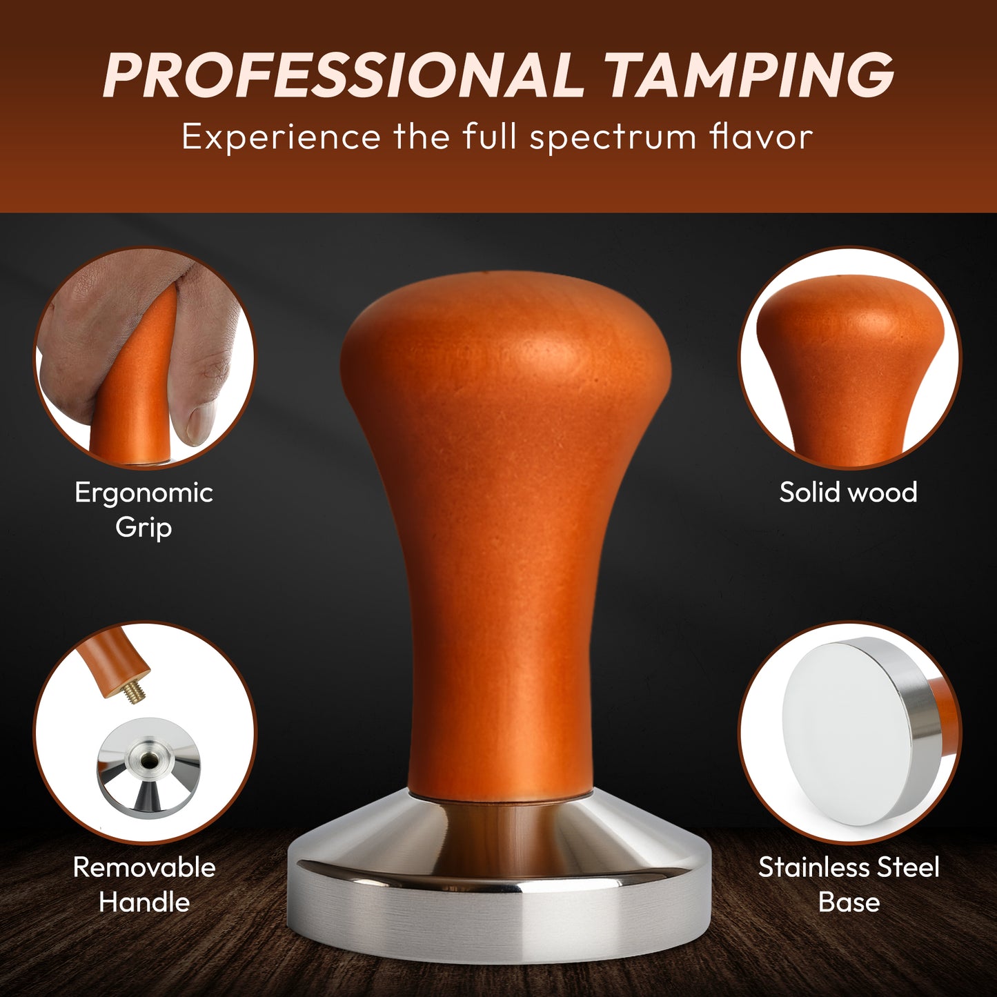 MADCHIEF 53.3mm Espresso Tamper – Wooden Handle & Stainless Steel Coffee Tamper Barista Tool